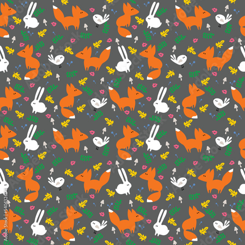 Fox Rabbit Bird Seamless Pattern. Animal and Flower Pattern