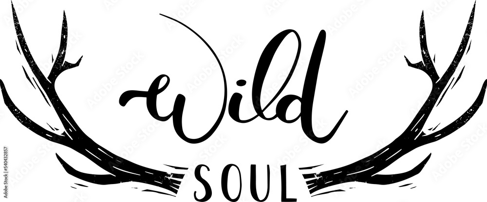 Obraz premium deer horns with quote wild soul linocut style