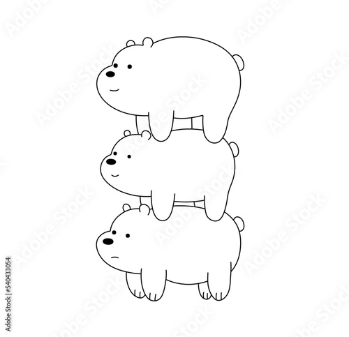 Vector isolated cute cartoon three  white bears one standing astride another bear side view colorless black and white contour line easy drawing