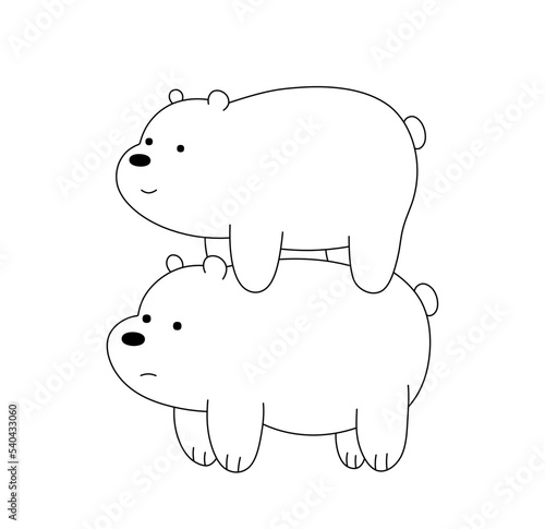 Vector isolated cute cartoon two white bears one standing astride another bear side view colorless black and white contour line easy drawing