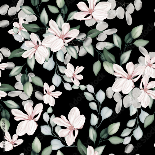 Elegant seamless pattern with peonies  roses and eucalyptus leaves. Illustration