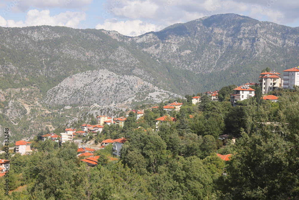 Mountainside village with Mediterranean design, surrounded by plants and trees. Turkey.