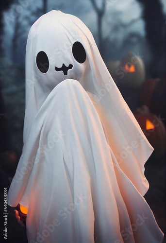Cute bedsheet ghost costume. Adorable, funny Halloween mask. 3d illustration
