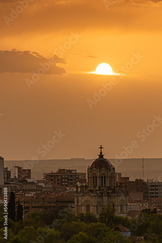 Sunset with the pantheon of the Duchess of Sevillano in Guadalajara, Spain.