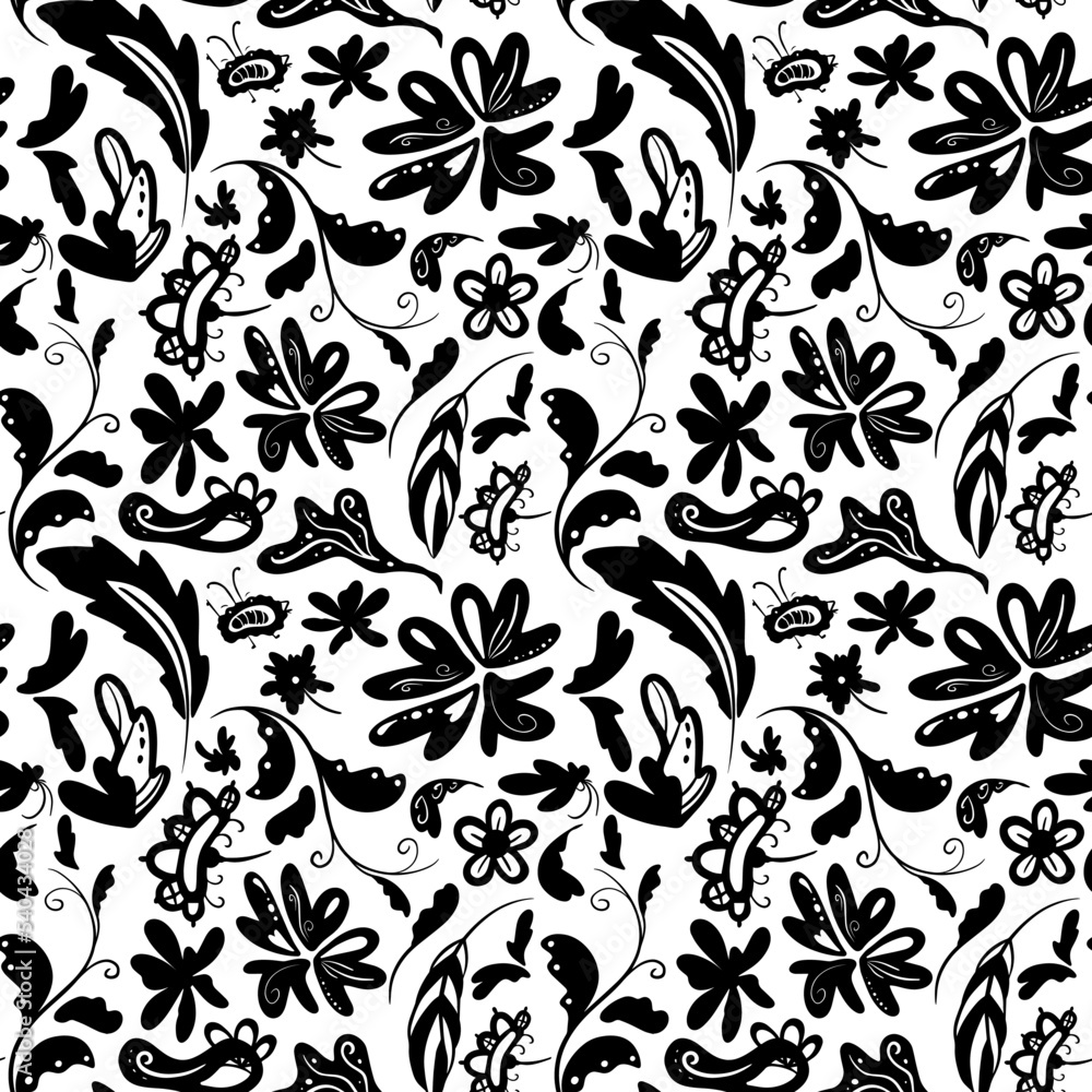 Fantasy floral pattern of black elements. Flowers, leaves, branches and a funny creature. Seamless vector image on a transparent background.