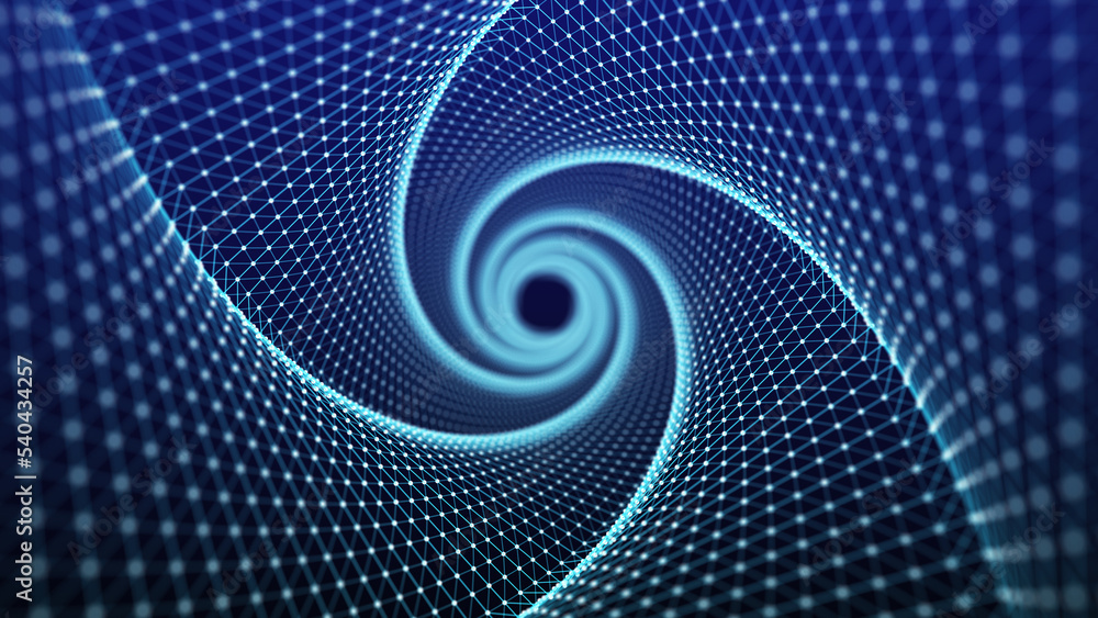 A frame twisted tunnel made of a connection of blue dots and lines. Network connection. The structure of big data. Data transmission technology. 3d rendering A frame twisted tunnel made of a connection of blue dots and lines. Network connection. The structure of big data. Data transmission technology. 3d rendering