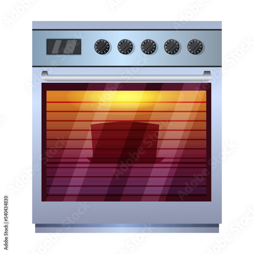 Stove oven electric or gas appliance isolated on white background. Kitchen device in process of pie baking behind heat resistant glass. Collection realistic mockup home appliance. Vector illustration