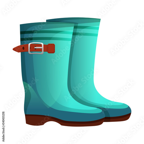 Pair of new modern design rain boots isolated on white background. Wellington fashion boots turquoise color rubber. Rainy season protection shoes in trendy color. Side view on flat vector illustration