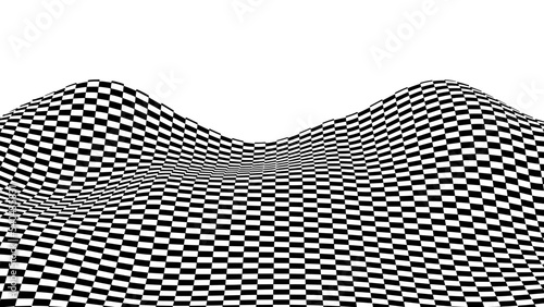 Dynamic black and white wave with optical effect. A distorted chessboard. Vector illustration.