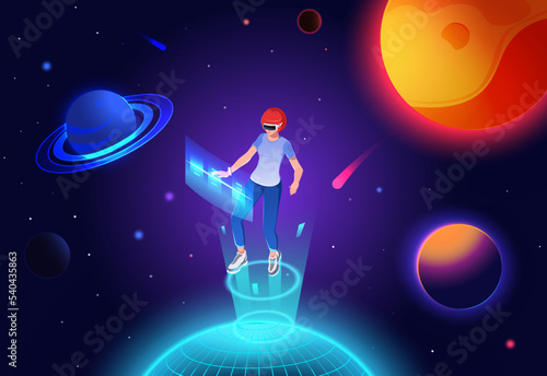 Woman in headset glasses virtual reality, flying weightlessness with neon hologram in orbit earth planet. Universe, metaverse education astronomy science in AR digital technology. Vector illustration