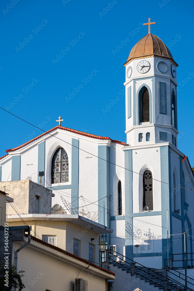 Epitalio, Greece - August 17 2022: Saint Charalampos church and bell tower