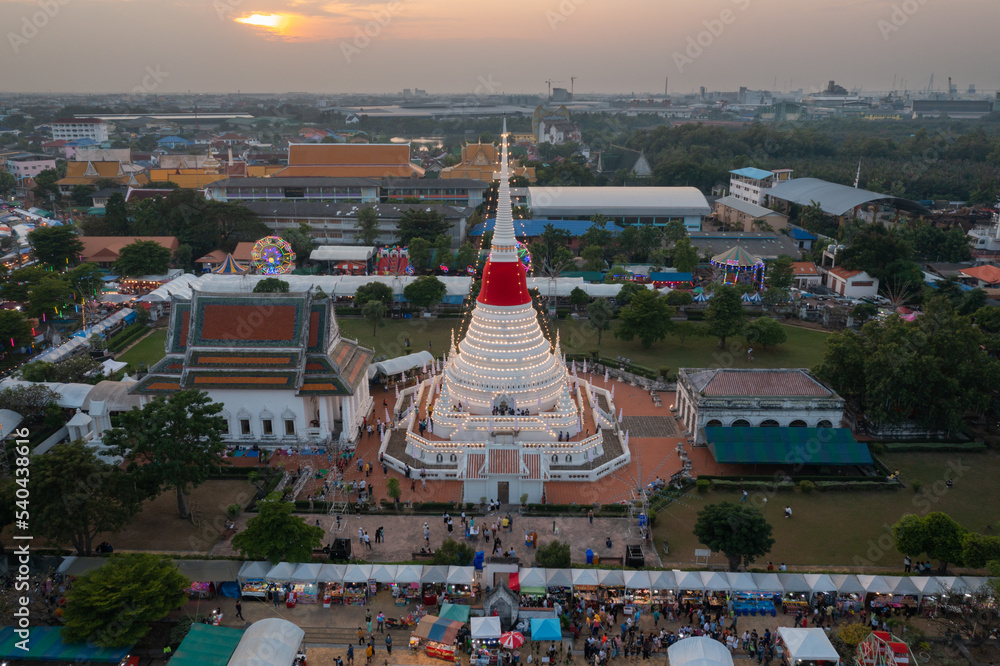 High angle view at sunset at Phra Samut Chedi (Chedi) during the Phra Samut Chedi Festival Samut Prakan Province in Thailand