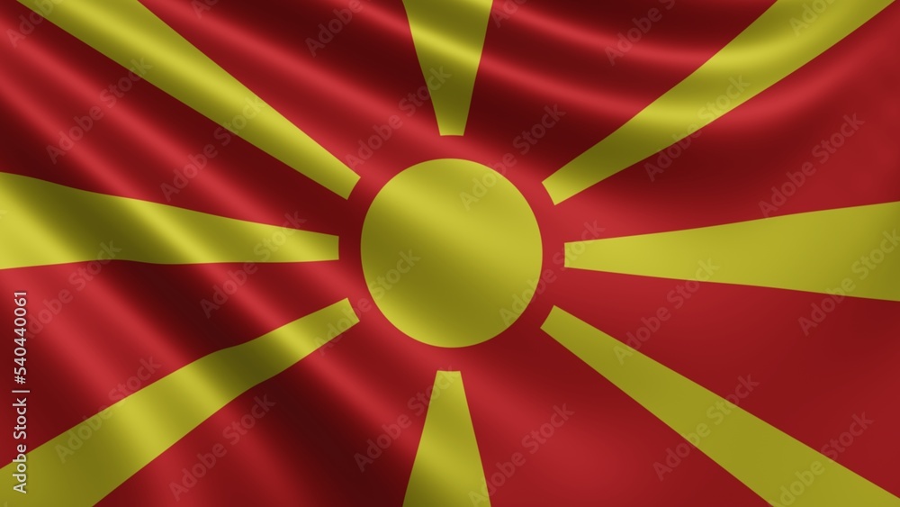 Render of the North Macedonia flag flutters in the wind close-up, the national flag of North Macedonia flutters in 4k resolution, close-up, colors: RGB. High quality 3d illustration Render of the North Macedonia flag flutters in the wind close-up, the national flag of North Macedonia flutters in 4k resolution, close-up, colors: RGB. High quality 3d illustration