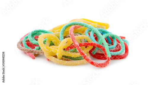 Pile tasty colorful jelly candies on white background