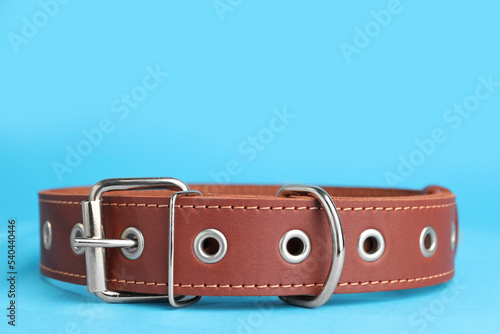Brown leather dog collar on light blue background, closeup. Space for text