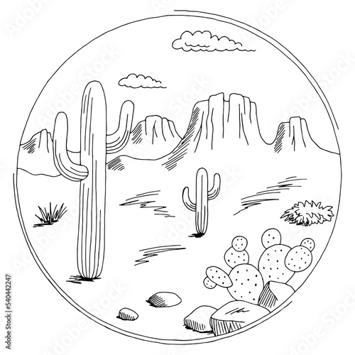 Prairie circle frame graphic black white desert landscape sketch illustration vector