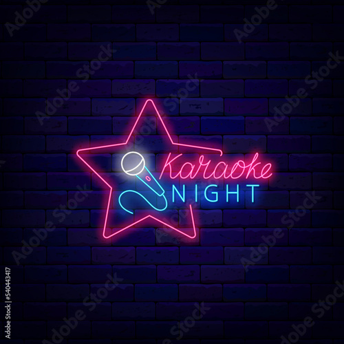 Karaoke night neon label. Star frame with microphone icon. Talent show. Light sign. Vector stock illustration