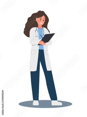 Female doctor writing medical prescription. Woman in uniform holding clipboard with recipe for patient. Healthcare, treatment and pharmacy concept. Vector illustration in flat cartoon style.