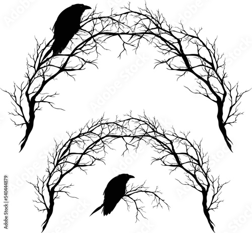 Slika na platnu raven bird sitting at bare tree branches forming arch entrance - spooky hallowee