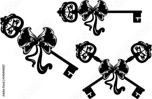 vintage style ornate skeleton key with ribbon bow - antique black and white vector silhouette design set