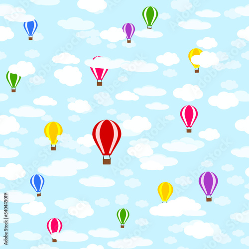 Hot air balloons and clouds on blue background. Vector illustration. Seamless pattern of hot air balloon.