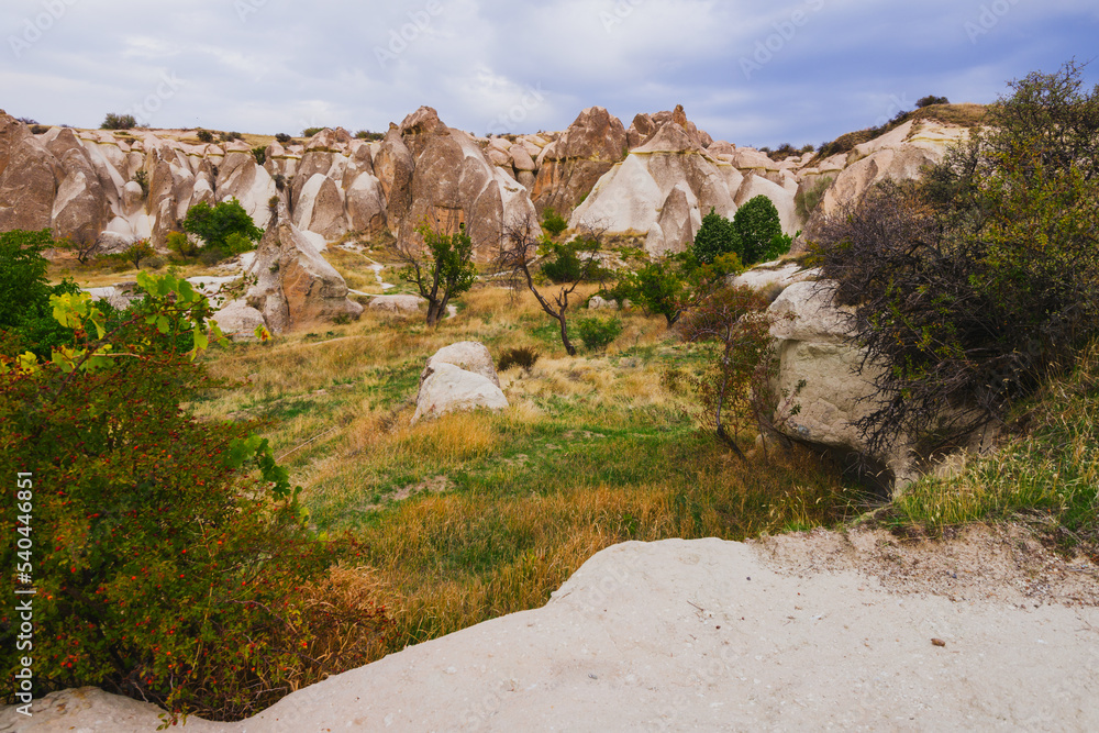 Fototapeta premium View from the observation deck to rock formations at Goreme, Cappadocia, Turkey
