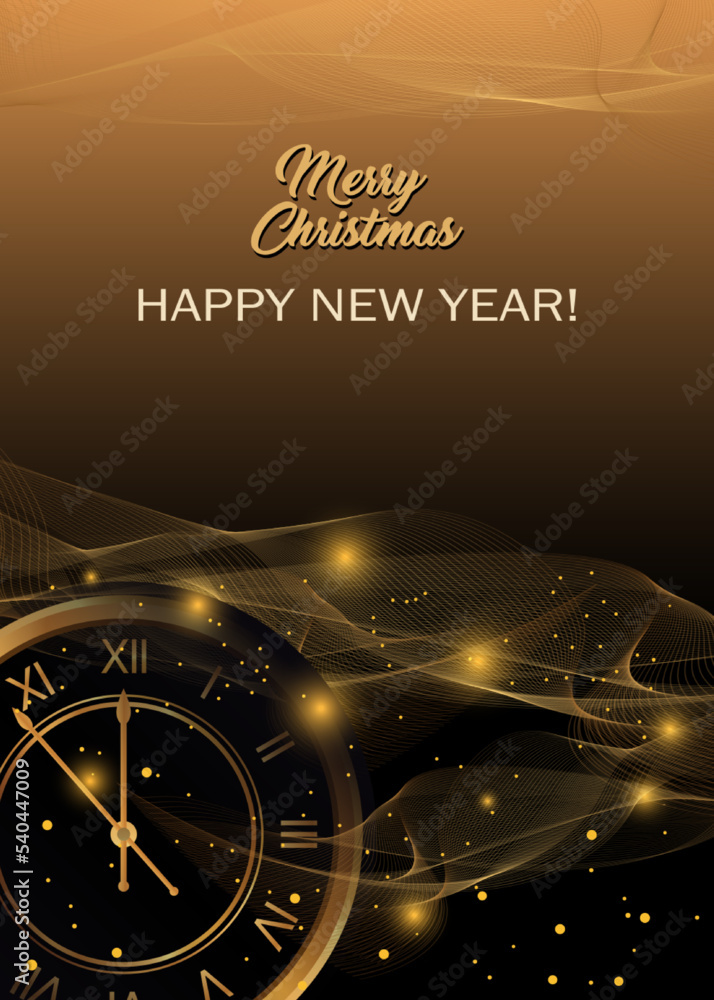 Happy New Year and Christmas background with golden clock. Xmas banner. Vector