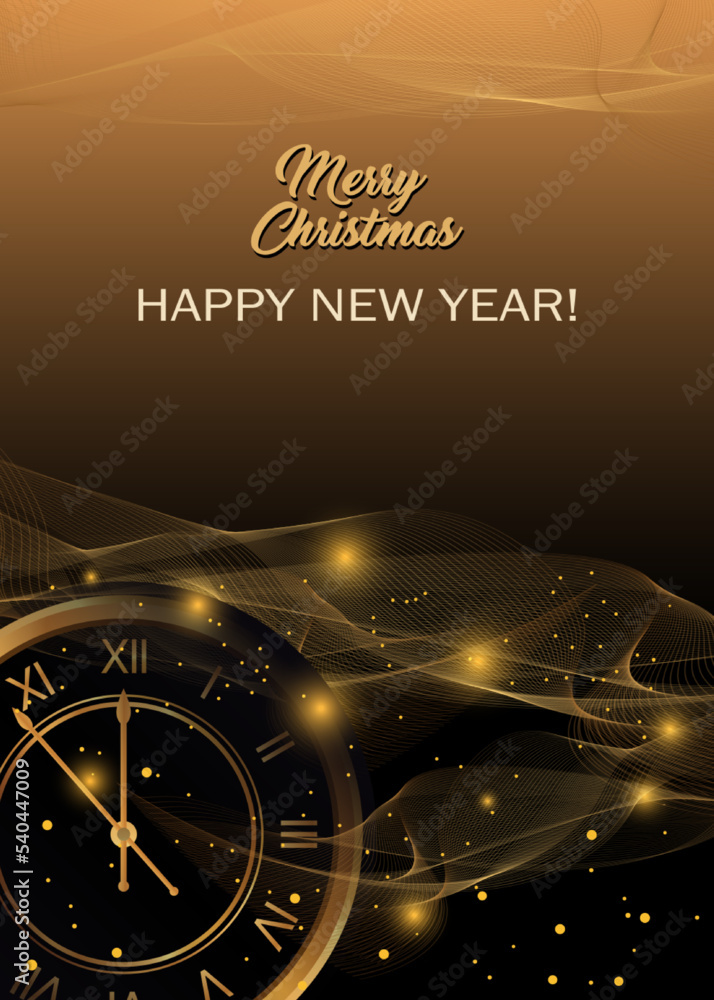 Fototapeta premium Happy New Year and Christmas background with golden clock. Xmas banner. Vector