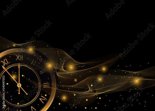 New Year and Christmas holiday horizontal background with golden clock. Xmas banner. Vector