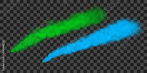 Traces of blue and green smoke from an airplane, rocket or spacecraft launch. Realistic 3d vector illustration isolated on transparent background.