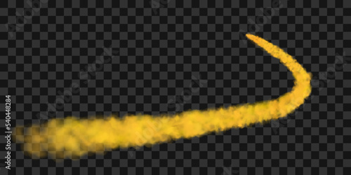 Traces of yellow smoke from an airplane, rocket or spacecraft launch. Realistic 3d vector illustration isolated on transparent background.