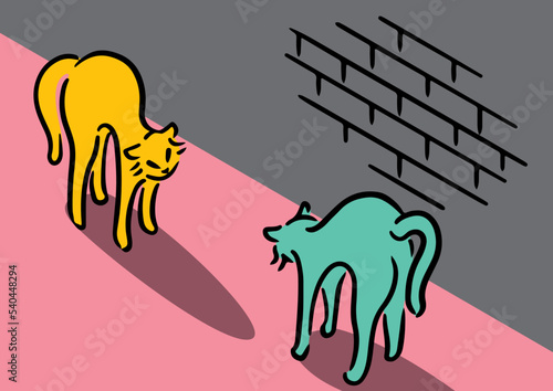 猫の喧嘩。手描きのアイソメトリック図。
