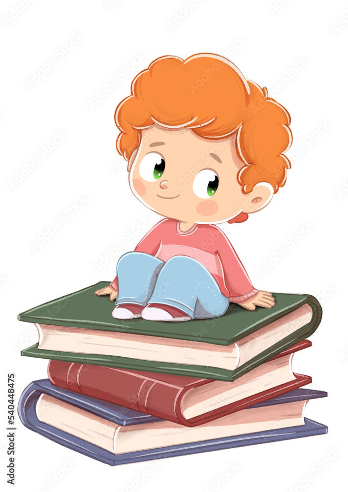 Boy sitting on several stacked books
