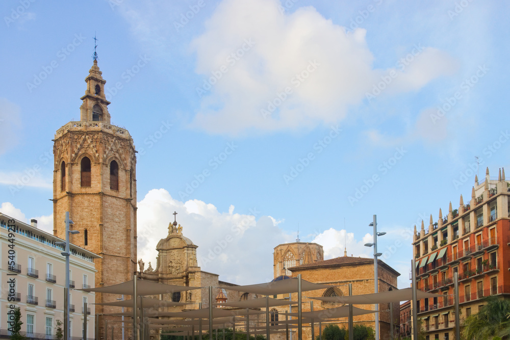 Panoramic view of the Micalet tower next to the Valencia Cathedral from the renovated Plaza de la Reina