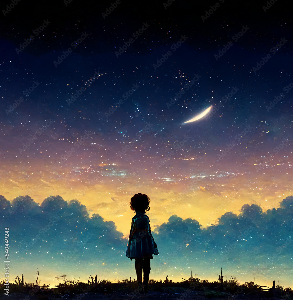 Silhouette of girl looking the sky at night. Anime kid watching star on
