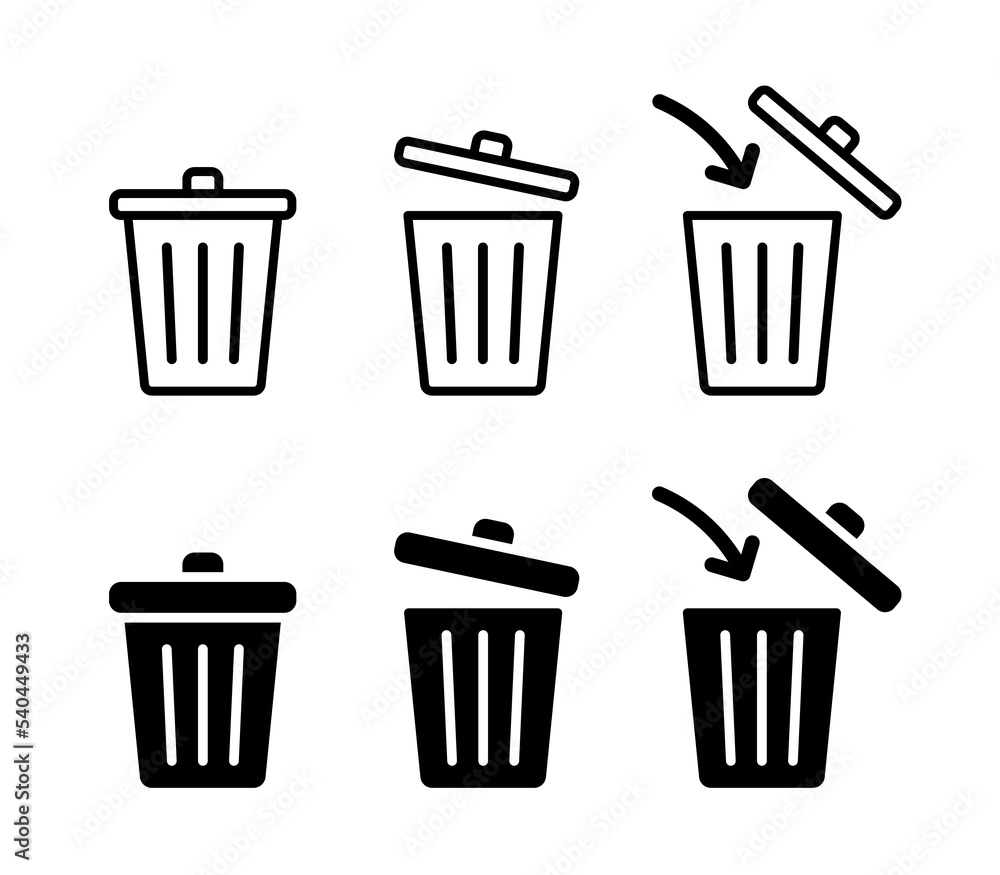 Open and closed trash can vector icons. Garbage, waste bin symbol set. Open and closed trash can vector icons. Garbage, waste bin symbol set.
