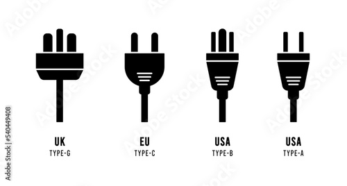 Electricity outlet socket power plug icon set. USA, EU and UK power plug buttons.