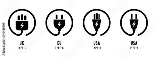 Electricity outlet socket power plug icon set. USA, EU and UK power plug buttons.