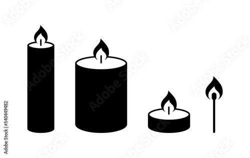 Candle with flame vector silhouettes. Simple candle icon set.