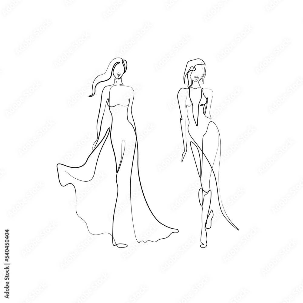 Beautiful fashion woman abstract silhouette, continuous line drawing, girl in long dress, single line on a white background, isolated vector illustration. Tattoo, print and logo design, beauty salon.