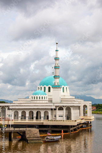 the view of Sarawak river and India Mosque Kuching in Kuching Sarawak Malaysia. Kuching’s one and only floating mosque situated by the Waterfront got its unique design.