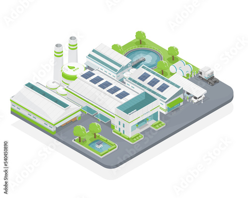 eco factory in ecology for industry with solar cell energy and wastewater treatment and hydrogen power station and ev car park on green isolate isomatric vector