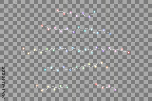 Set of colorful Garlands, Christmas decorations lights effects. Isolated vector design elements. Glowing lights for Xmas Holiday greeting card design. Colored led light and luminous neon