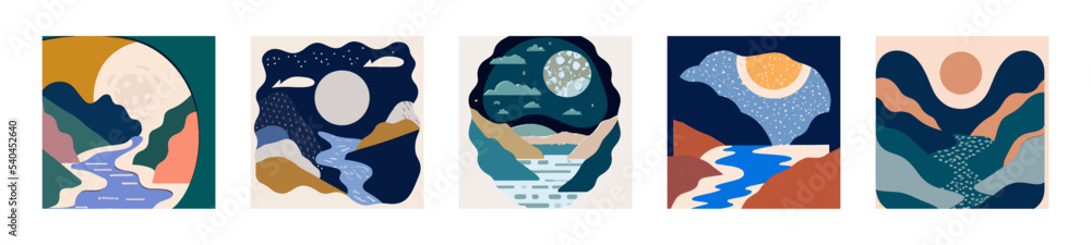 Illustration in Scandinavian style. beautiful background. Flat abstract design. Mountain view, river view. Mountains, clouds, sun, moon. Vector illustrations.