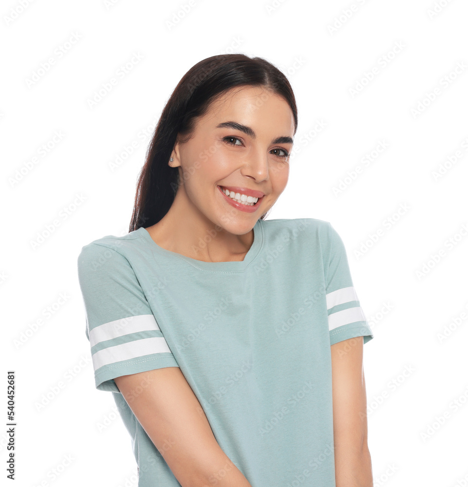 Embarrassed young woman in shirt on white background Embarrassed young woman in shirt on white background