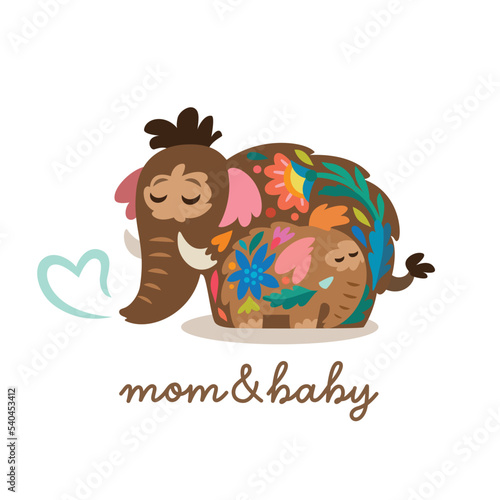 Mother mammoth staying with her baby. Vector illustration logotype