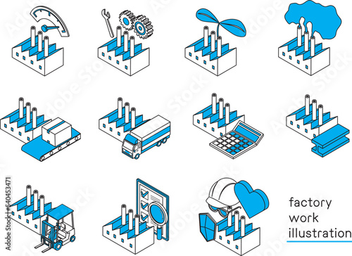 工場での仕事と活動のイラストセット