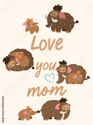 Love you mom. Print with baby mammoth following her mom among mountains, leaves and berries