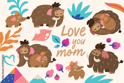 Love you mom greeting card. Baby mammoth with his mother among leaves, mountains and berries