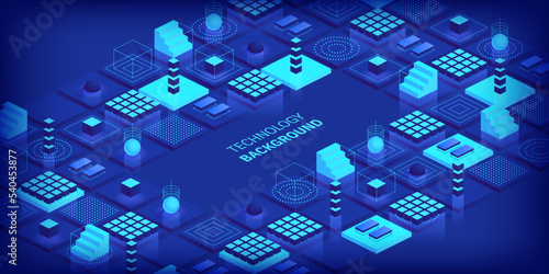 Technologies background concept. Abstract futuristic cubes design and different geometric shapes. Digital innovation and artificial intelligence. Blockchain tech. Vector illustration in isometric view